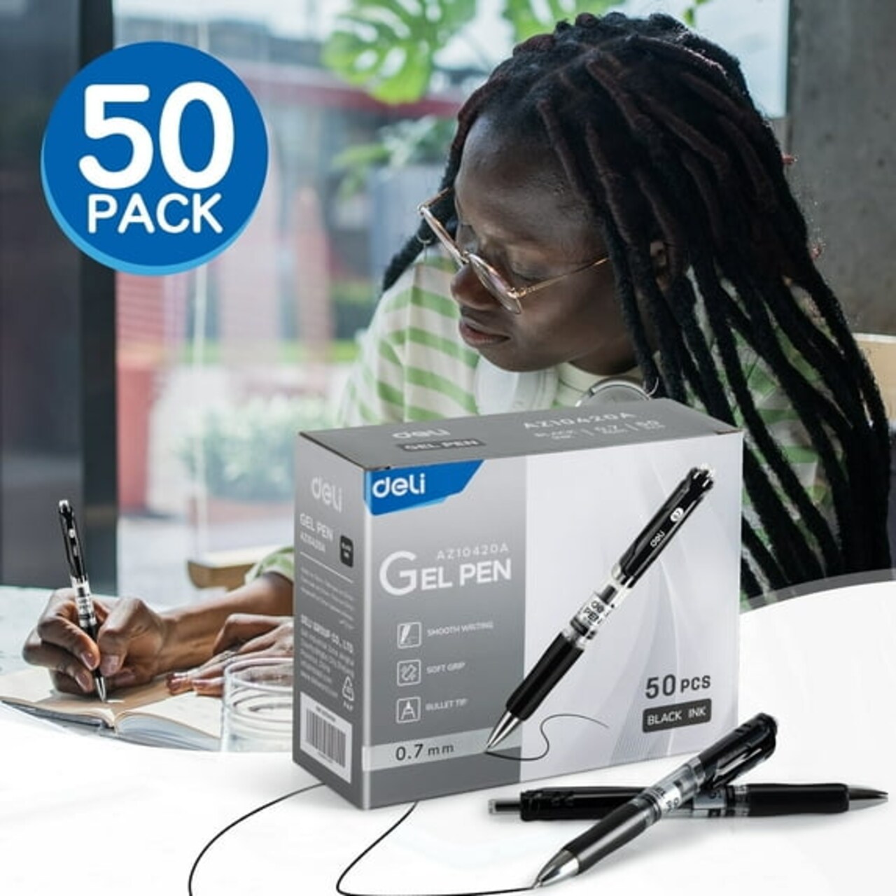 deli Retractable Gel Pens, 50 Pcs Pens Black Ink,0.7mm, Smooth Writing, Fast Dry, No Bleed for Note Taking, Home Office